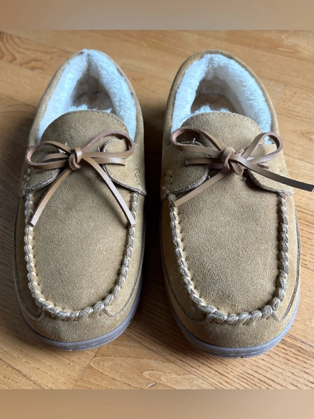 Lands End Mens Suede Moccasins Faux Fur Lined Slippers Brown English Tan Size 8M